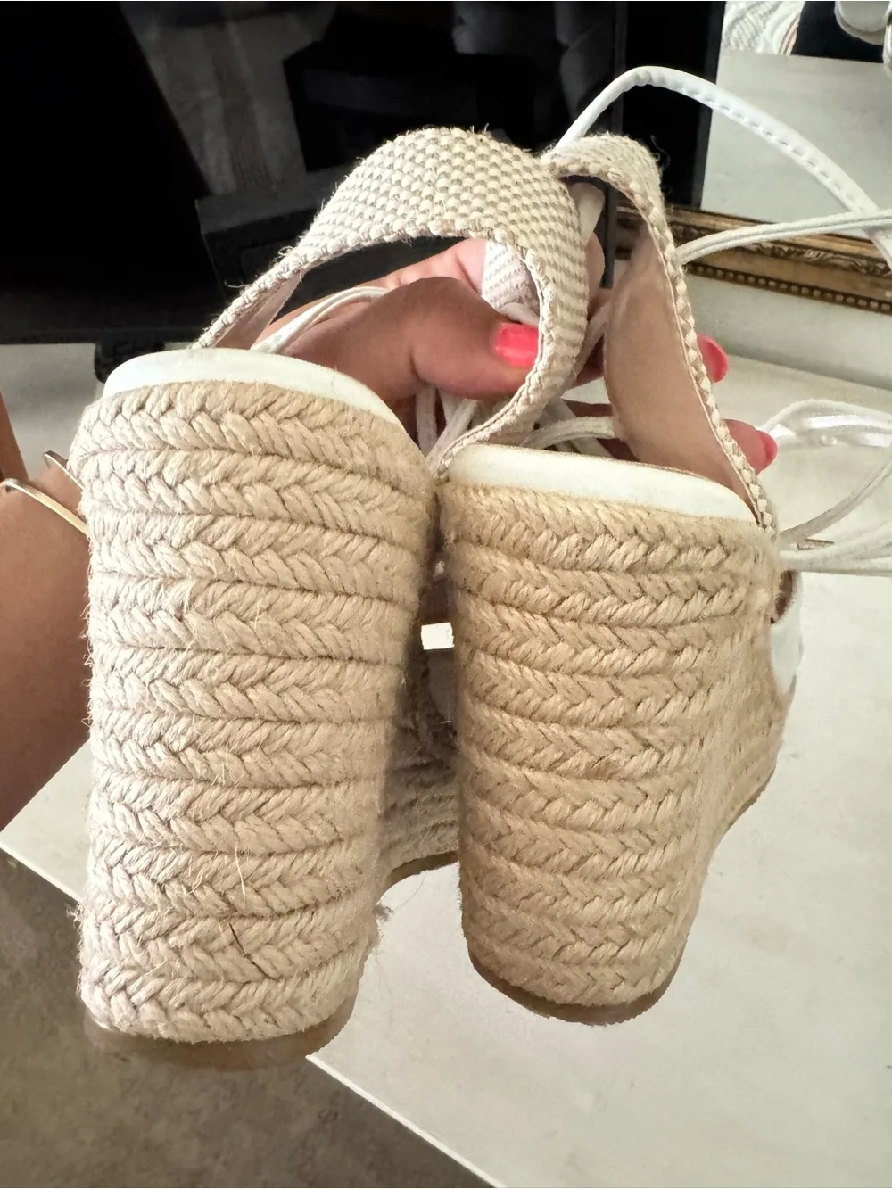 FIONI Clothing Cream Espadrille Wedge Sandals with Ankle Wrap